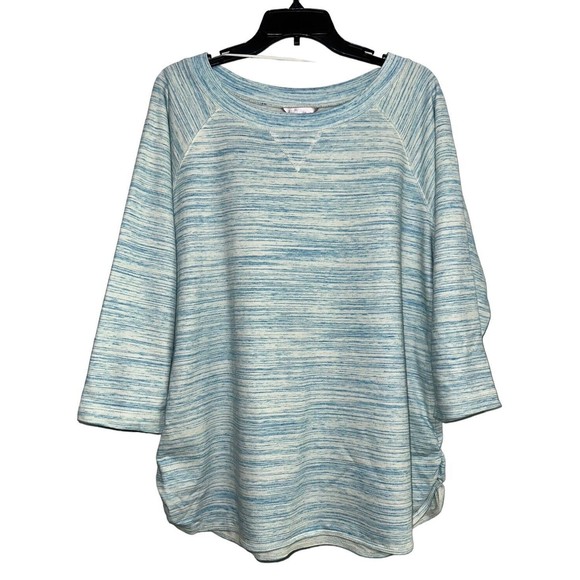 White Stag 3/4 Sleeve Shirt Womens Sz XXL Plus‎ Ruched Side Round Hem Striped - Picture 1 of 12